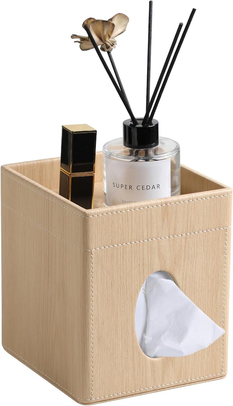 Cretkhp Tissue Box Cover, PU Leather Square Tissue Box Holder with Storage Tray for Bathroom Vanity Countertop Night Stands Bedroom Office Desk, Stylish Tissue Holder Decorative Organizer (Oak) - Image 1